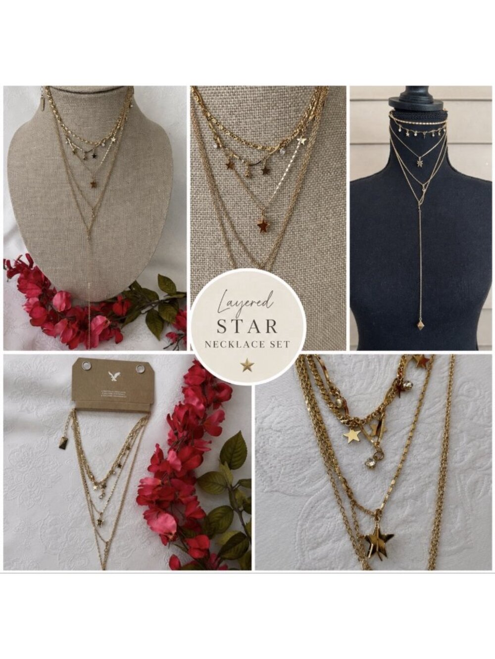 American Eagle Gold Tone 5 Chain Charm Dainty Layered Statement Necklace NEW